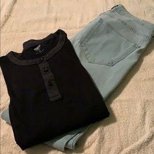H&M jeans with black and grey long sleeve shirt .